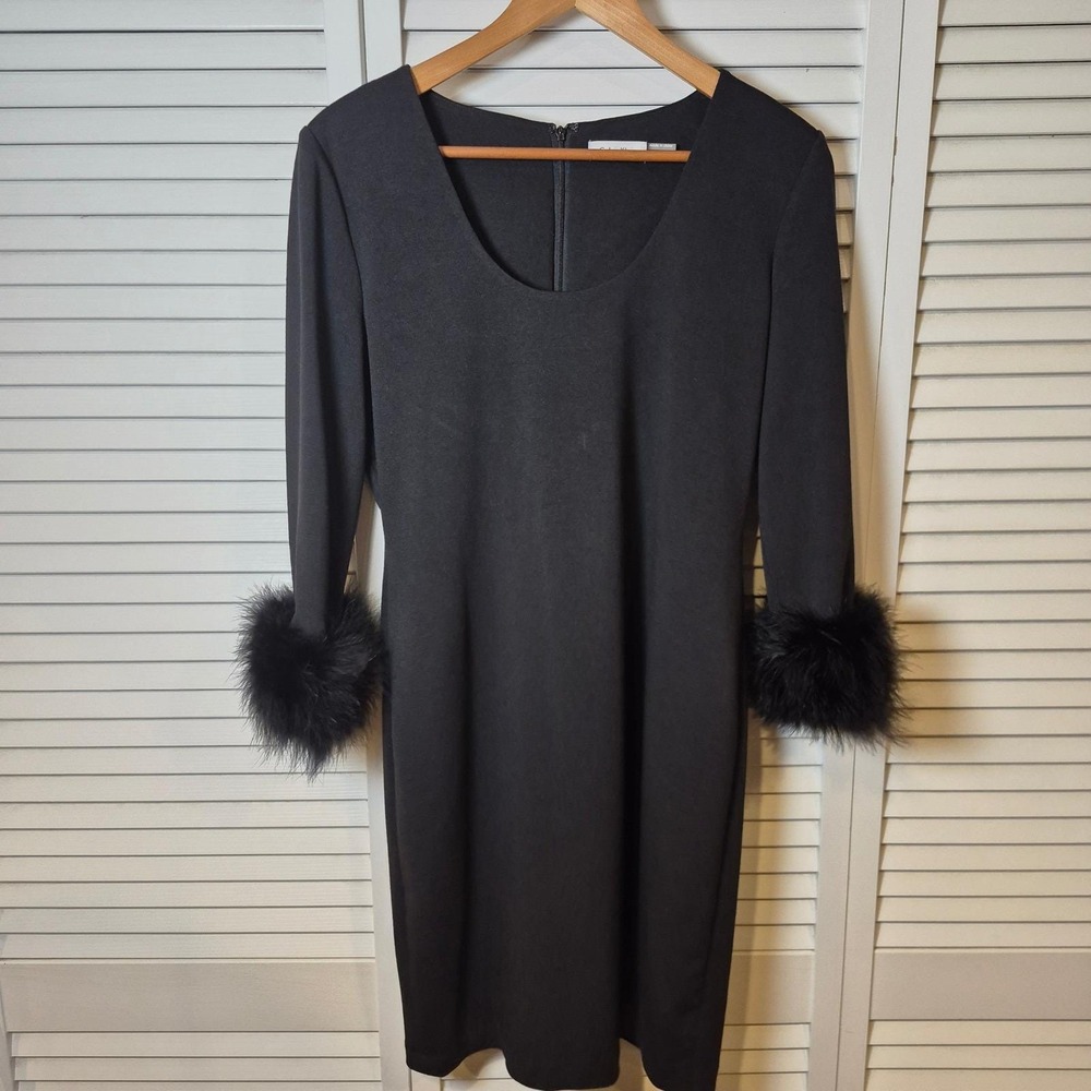 Calvin Klein Dress 10 Black Feather Cuffs Glam LBD Evening Cocktail Glam Holiday
